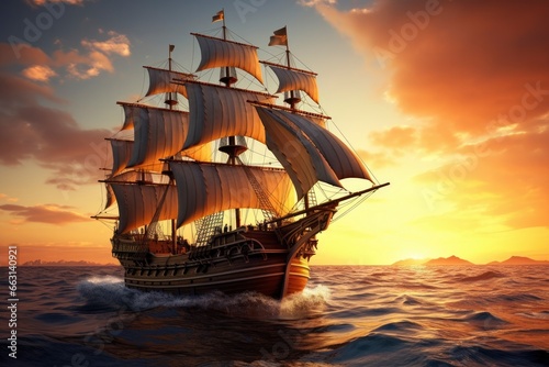 Canvas Print Pirate ship sailing on the ocean at sunset. Vintage cruise.