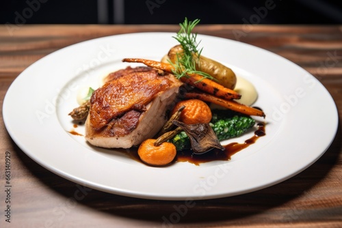 Plated chicken roast dinner on a white plate with carrot and morel mushroom.