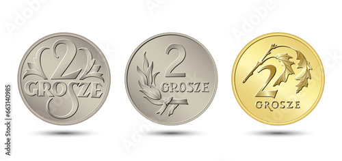 Reverse Polish money, two grosz coin set. Vector illustration.