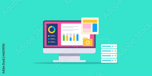 Online data management hosting server, visual data business report on computer screen, graph, chart, folder, diagram information technology website vector illustration web banner.