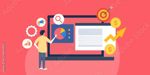 Business development, businessman analysing company sales prospects, financial data and growth report on laptop screen, vector illustration web banner template.