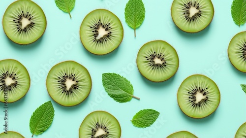Slices of kiwi fruit and green mint leaves on a light pastel blue background. © ABDULHAMID