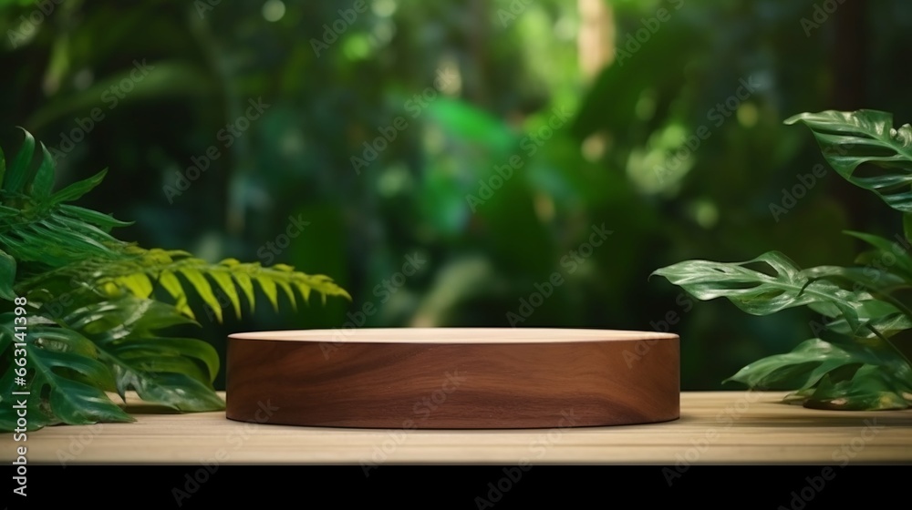 Tropical Product Showcase. Wooden podium amidst lush forest, a green backdrop
