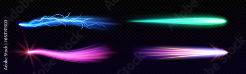 Missile burst effect or rocket neon speed flare. Blue thunder light glow ui vfx game 3d explosion. Isolated vector jet takeoff in air or meteor flight in space. Green shuttle engine burn and smoke