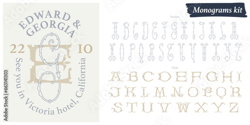 Marriage monograms for bride and groom names. Logo creator alphabet kit. Wedding capitals. Initials with thin swirled lines and lush foliage patterns. Perfect for wedding, birthday invitation.