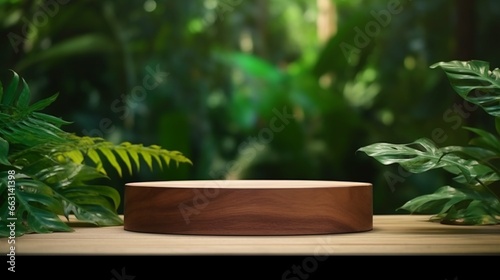 Tropical Product Showcase. Wooden podium amidst lush forest  a green backdrop 