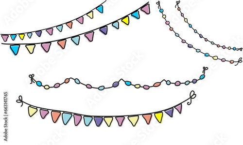 hand-drawn colorful garland of light bulbs. Cute illustration of holiday flags isolated on a white background.