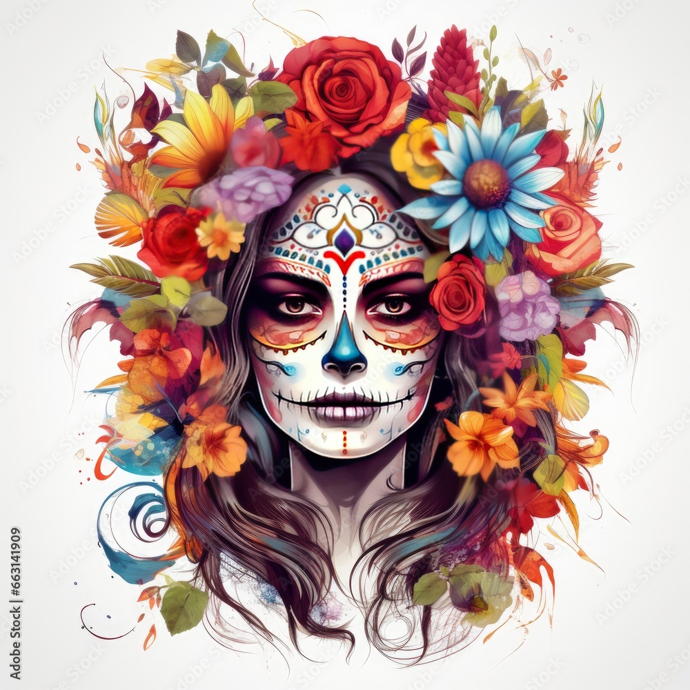 Woman sugar skull with beautiful colored flowers on white background.