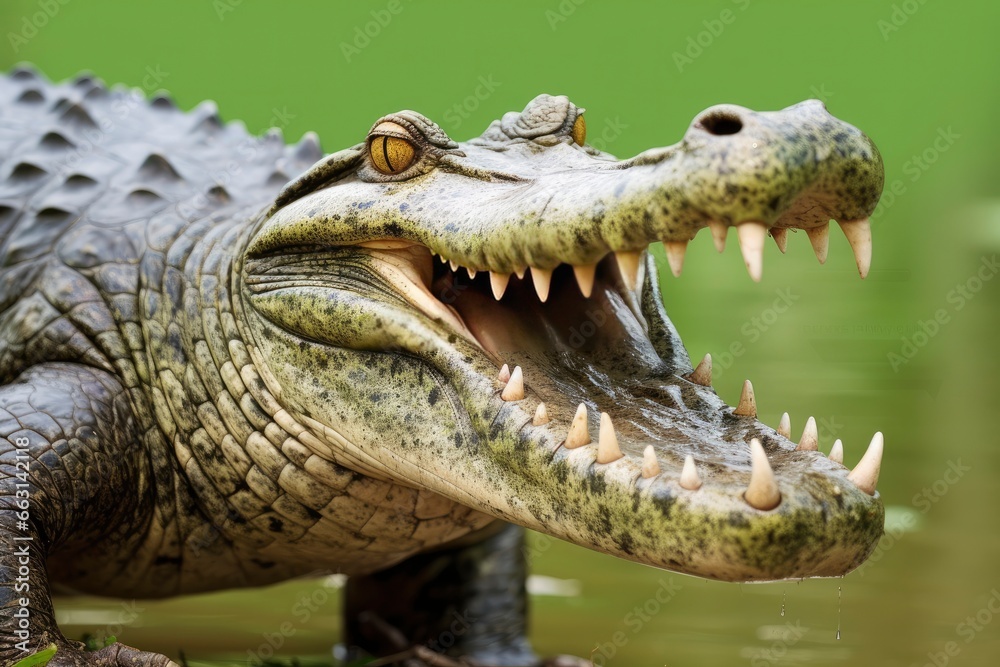 Obraz premium Crocodile with its mouth wide open with a green lake in the green background.