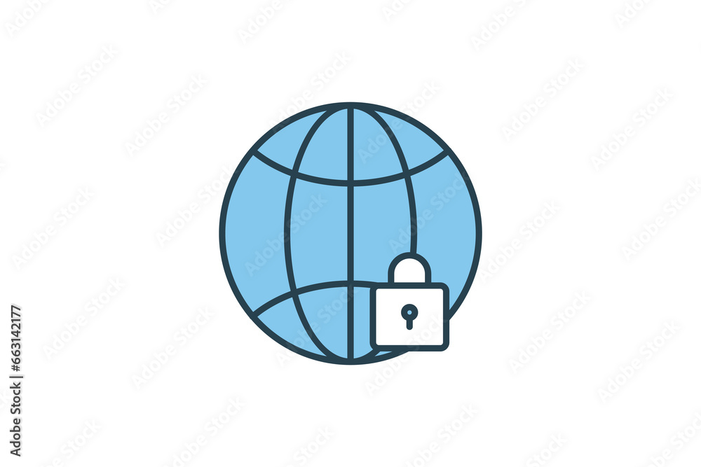 Secured network icon. earth with a padlock. icon related to network security, Warning, notification. suitable for app, user interfaces, etc. Flat line icon style. Simple vector design editable Secured network icon. earth with a padlock. icon related to network security, Warning, notification. suitable for app, user interfaces, etc. Flat line icon style. Simple vector design editable