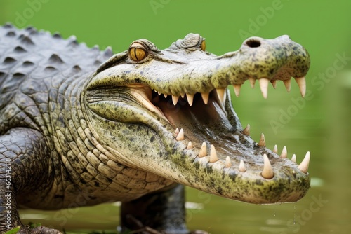 Crocodile with its mouth wide open with a green lake in the green background. © ABDULHAMID
