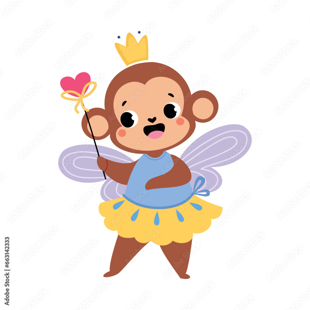 Monkey Animal Fairy in Pretty Dress with Magic Wand and Wings Vector Illustration Monkey Animal Fairy in Pretty Dress with Magic Wand and Wings Vector Illustration