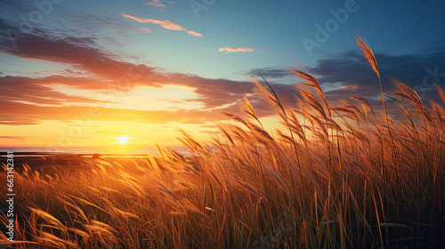Sunset over grass blowing in the wind © Ziyan Yang