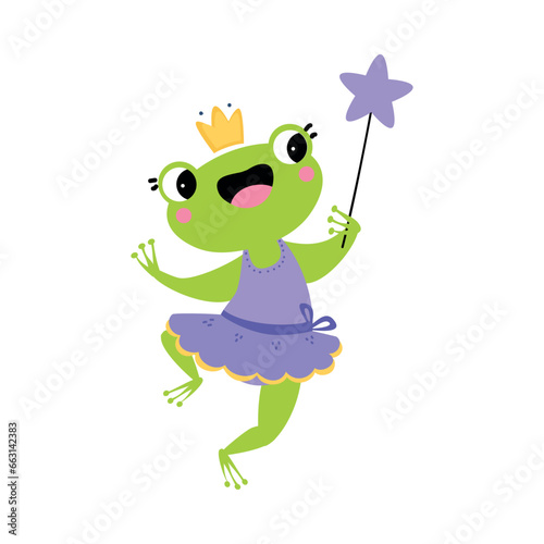 Green Frog Animal Fairy in Pretty Dress with Magic Wand Vector Illustration