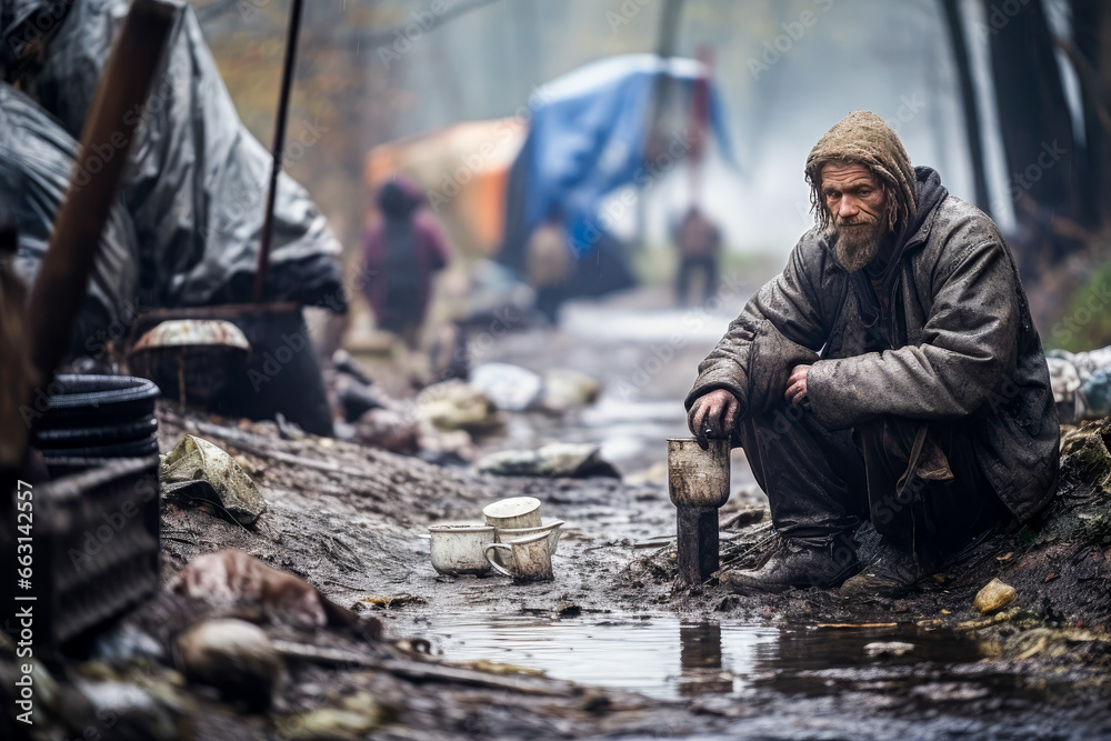 Sad dirty man in a destroyed area. Support human rights, refugees, war victims, poverty, homeless. - obrazy, fototapety, plakaty 