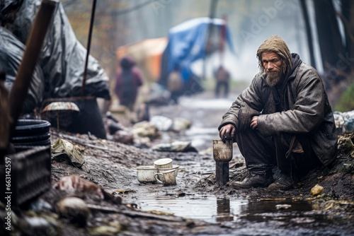 Sad dirty man in a destroyed area. Support human rights, refugees, war victims, poverty, homeless.