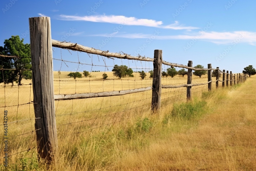 Wooden fence with barbed wire, enclosing pasture or farm. Generative AI