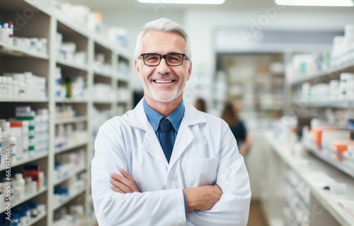 Portrait of a smiling confident male pharmacist working in a pharmacy. Standing with arms crossed in the drugstore.  © Victor