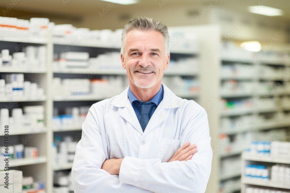 Portrait of a smiling confident male pharmacist working in a pharmacy. Standing with arms crossed in the drugstore. 