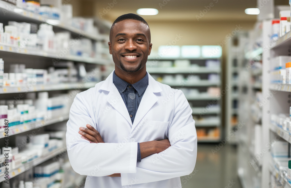 Portrait of a smiling confident male pharmacist working in a pharmacy. Standing with arms crossed in the drugstore. 