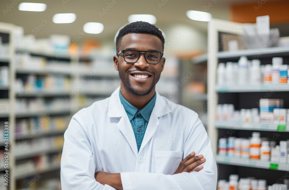 Portrait of a smiling confident male pharmacist working in a pharmacy. Standing with arms crossed in the drugstore. Portrait of a smiling confident male pharmacist working in a pharmacy. Standing with arms crossed in the drugstore.