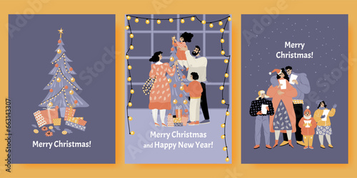 Set of vector cards for Christmas and New Year with cute families decorating the tree and singing hymns