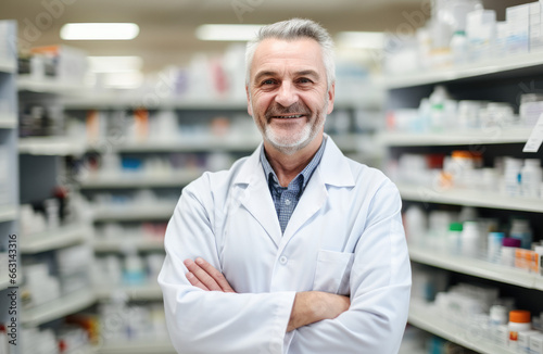 Portrait of a smiling confident male pharmacist working in a pharmacy. Standing with arms crossed in the drugstore. 