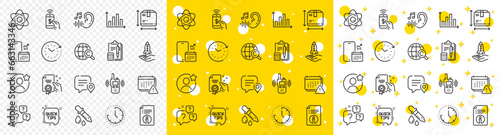 Outline Atom core, Time change and Phone payment line icons pack for web with Accounting, Chat bubble, Box size line icon. Certificate, Crowdfunding, International copyright pictogram icon. Vector