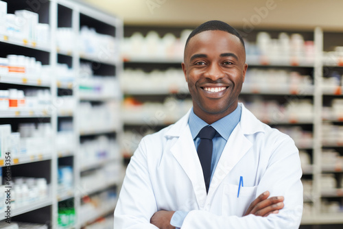 Portrait of a smiling confident male pharmacist working in a pharmacy. Standing with arms crossed in the drugstore.  © Victor