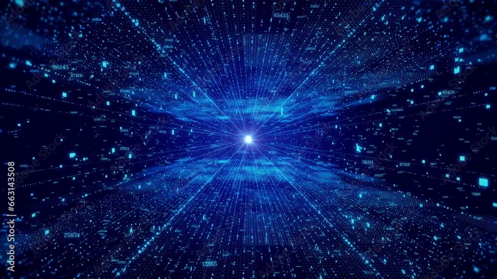 3D 4K Sci-fi Flying futuristic tunnel. Deep tech abstract 3D. Blockchain Big data bitcoin wave technology, Science Technology hi tech background design. Modern Digital deep learning Machine Learning
