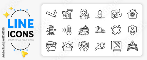 Truck parking, Launder money and Square area line icons set for app include Employee hand, Cyber attack, Security outline thin icon. Lighthouse, Dirty spot, Painter pictogram icon. Vector