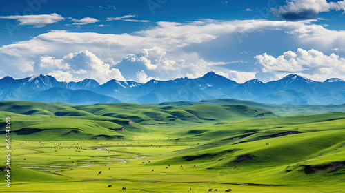 Sweeping vista landscape of the Assy Plateau  a large mountain steppe valley and summer pasture 100km from Almaty  Kazakhstan.