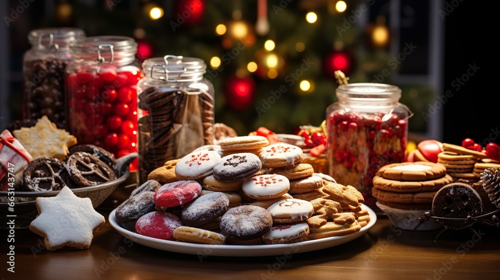 Festive Christmas dessert spread with assorted cookies and candied treats
