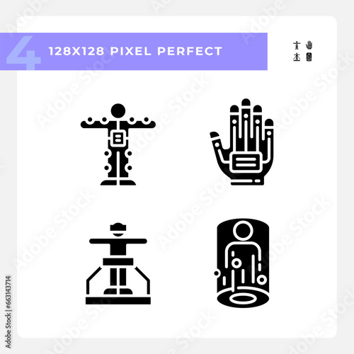 2D pixel perfect glyph style icons set representing VR, AR and MR, simple silhouette illustration.