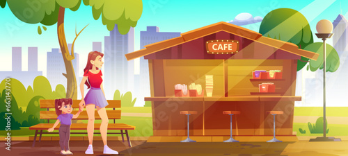 Woman and girl near coffee shop in summer city park. Vector cartoon illustration of mother and daughter holding hands, public garden with small outdoor cafe, wooden bench and street lantern, cityscape