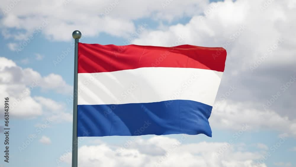 Dutch flag flag flutters in the wind. Holland national flag of european country. Cloudy sky background. Dutch flag flag flutters in the wind. Holland national flag of european country. Cloudy sky background.