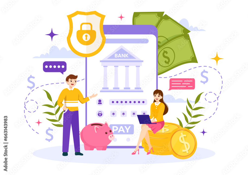 Naklejka premium Mobile Banking Vector Illustration with Wallet App for Payment from Phone and Wireless Cash Transaction by Credit and Debit Cards in Flat Background