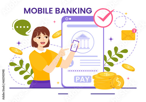 Mobile Banking Vector Illustration with Wallet App for Payment from Phone and Wireless Cash Transaction by Credit and Debit Cards in Flat Background © denayune