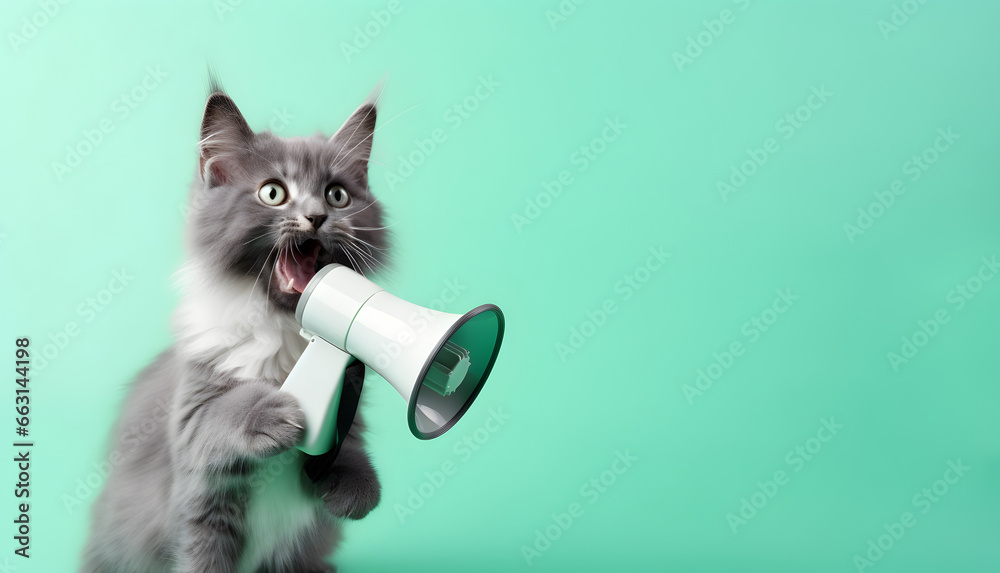 Fototapeta premium Cat announcing using hand speaker. Notifying, warning, announcement.