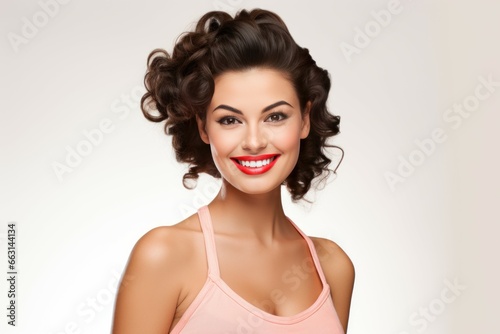 Beautiful girl smiling and happy in pinup style. Art makeup color pretty model. Generate Ai