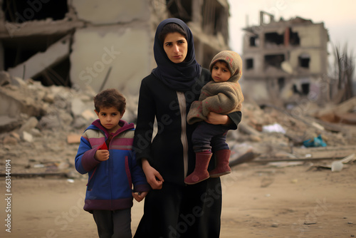 Mother and her two children in destroyed city during war.