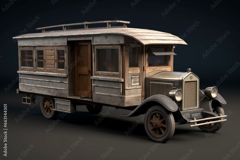 Old-style trailer model presented in a 3D illustration. Generative AI