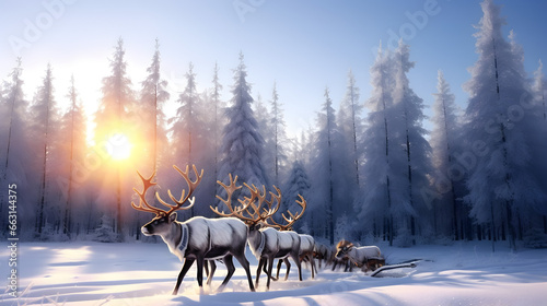 Reindeers in jungle at winter