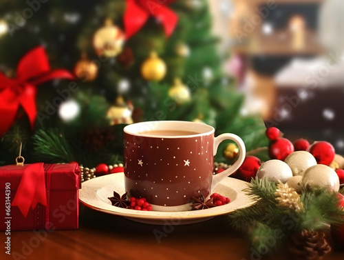 Decorated ceramic coffee cup with background of christmas tree