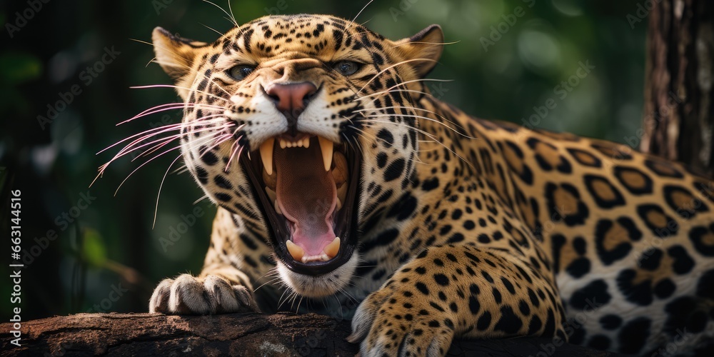 Naklejka premium a image Magnificent Jaguar resting on a tree trunk with open mouth, AI Generative