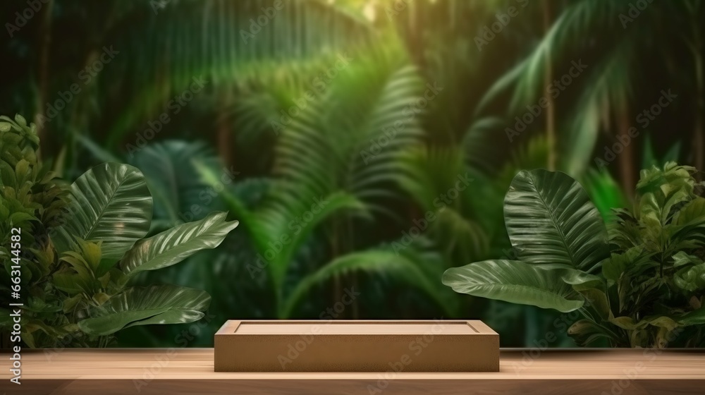Fototapeta premium Tropical Product Showcase. Wooden podium amidst lush forest, a green backdrop 