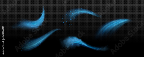 Blue fresh cold air wind wave flow light effect. Conditioner breeze swirl isolated smoke trail. 3d ice breath suction with dust sparkle element illustration. Transparent winter fan vacuum stream.