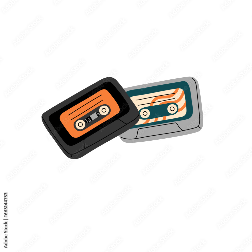 Fototapeta premium Tape cassette, vintage mixtape, retro sound, music record. Audio for stereo player sticker. 80s nostalgia, 90s vibe, 1980s culture, eighties style. Flat isolated vector illustration on white