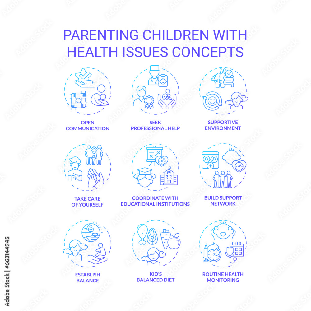 2D gradient icons set representing parenting children concepts, isolated vector, thin line illustration.