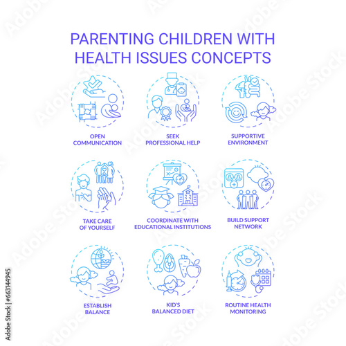 2D gradient icons set representing parenting children concepts  isolated vector  thin line illustration.